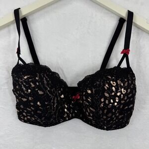 Betsey Johnson Intimates Black Leopard Print Bra 34DD Underwire Lace‎ Bow